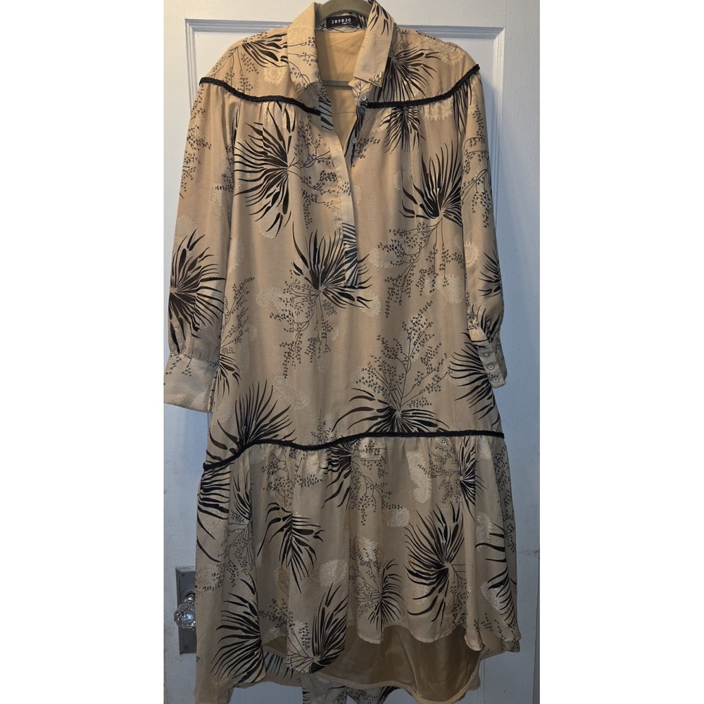 JAPAJO Boho Beige Black Floral Hi-Low Collared Dress 6 Long Sleeve Button Accent
